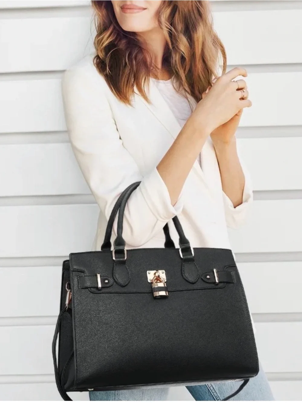 Structured Black Satchel with Gold Lock Detail